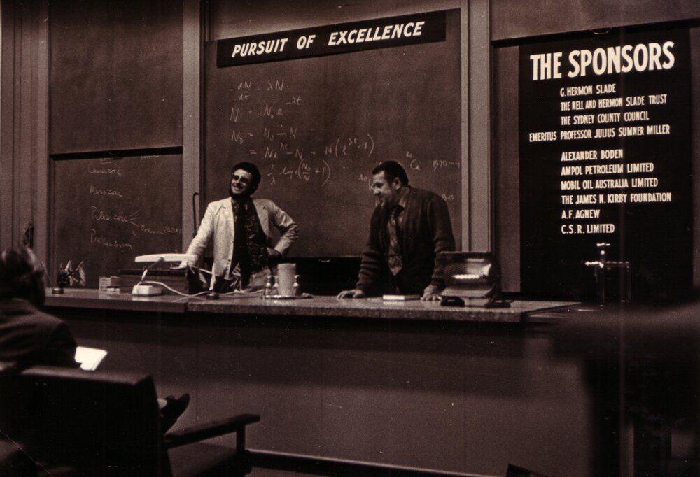 Professors GM Philip and Harry Messel in Summer School Lecture Theatre