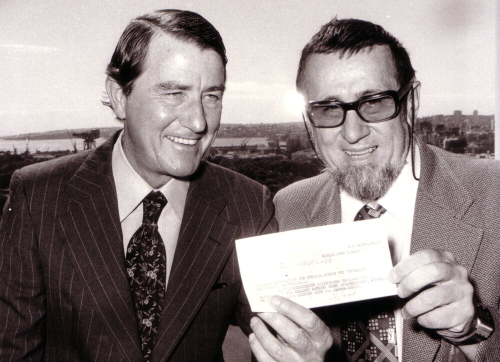 Premier Neville Wran and Professor Harry Messel with Saudi Arabian Grant Cheque for Solar Energy Research