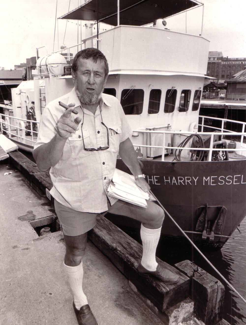 Professor Harry Messel in Front of The Harry Messel Research Vessel Docked at Darling Harbour