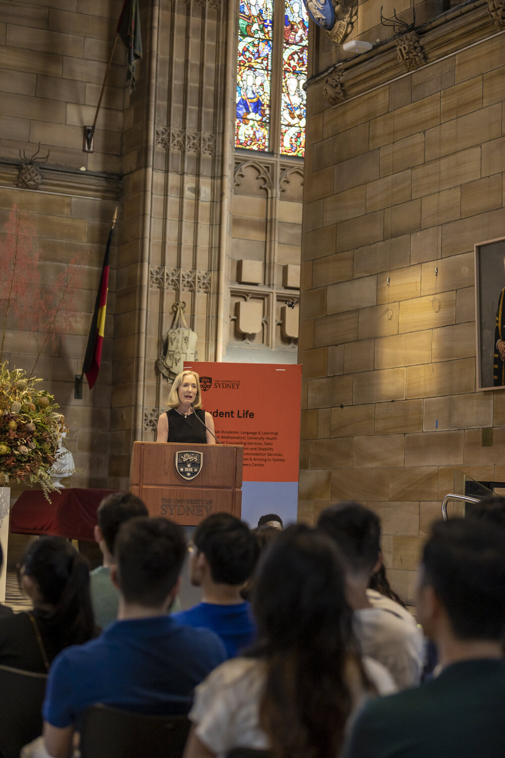 Chancellor Belinda Hutchinson at International Student Welcome Event in Great Hall