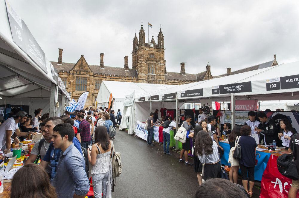 Orientation Week Stalls in Front of Quadrangle and Clocktower
