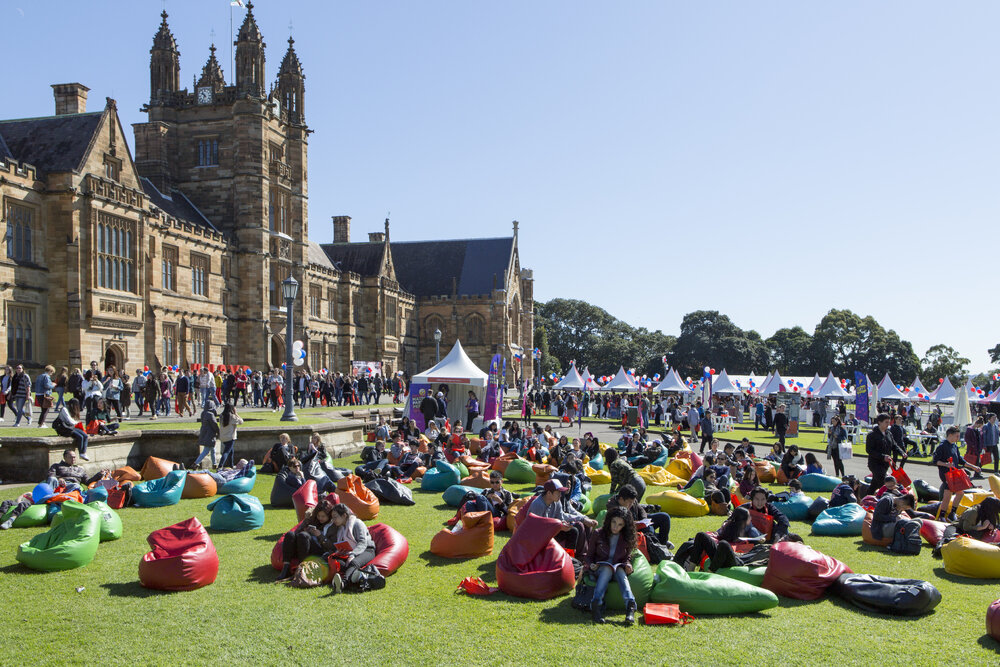 Bean Bags and Stalls on Front Lawn at Open Day
