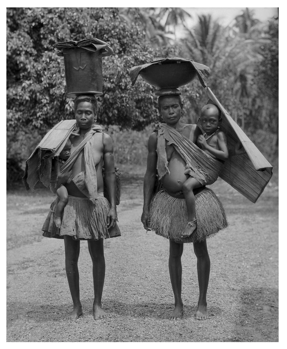 Two Women Carrying Children and Food Bowls
