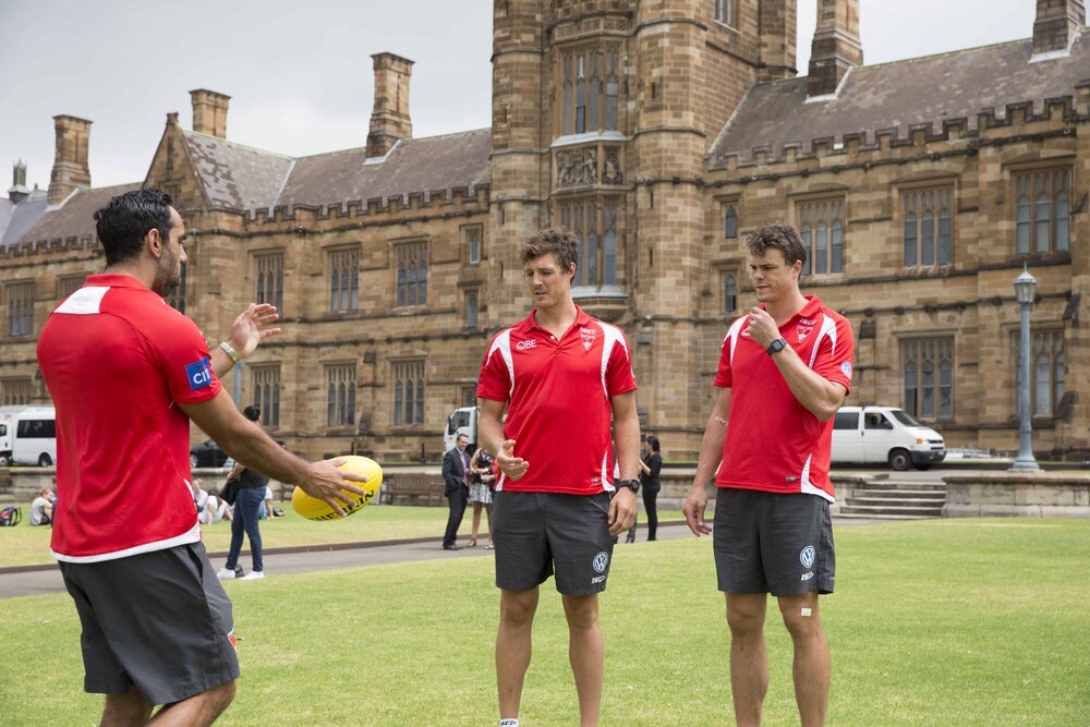 Sydney Swans Players Visit on Quadrangle Front Lawn 