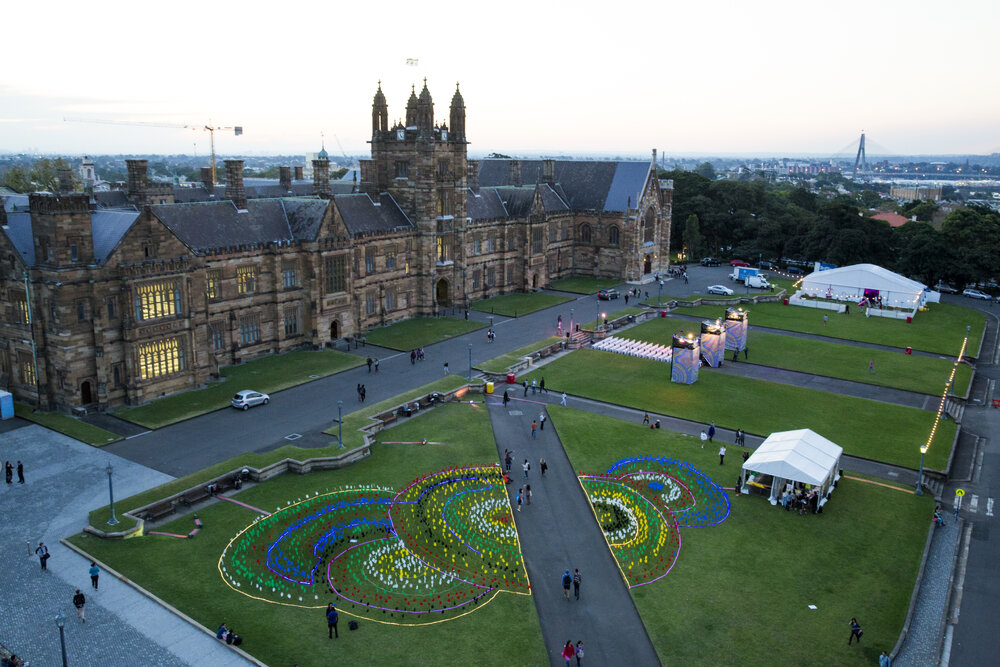 Aerial View of Quadrangle and Front Lawn During Vivid Path to the Future Festival