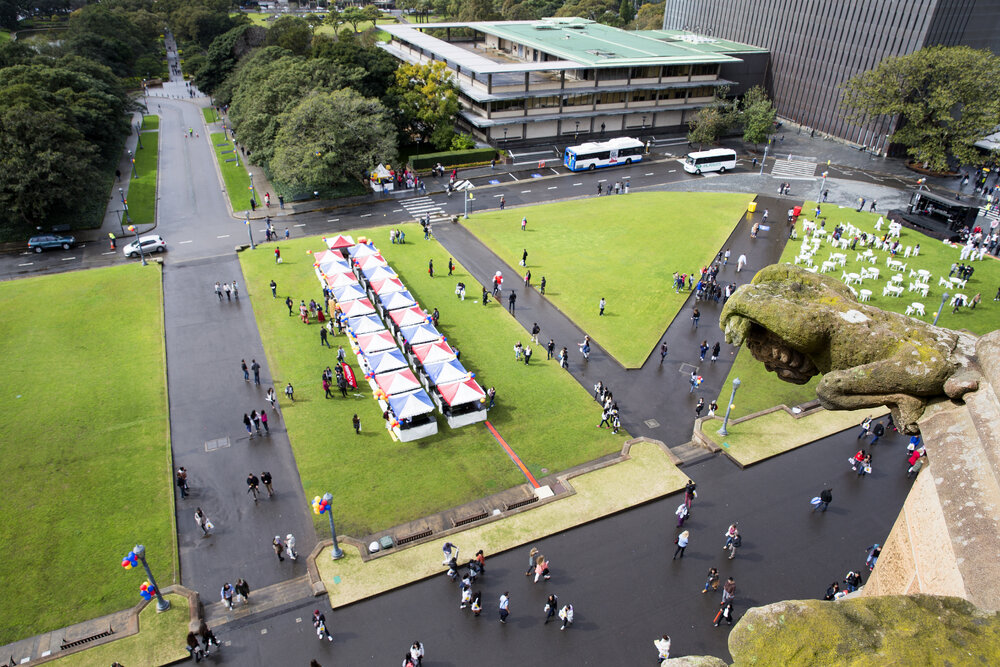 Aerial View of Front Lawn and Fisher Library on Open Day