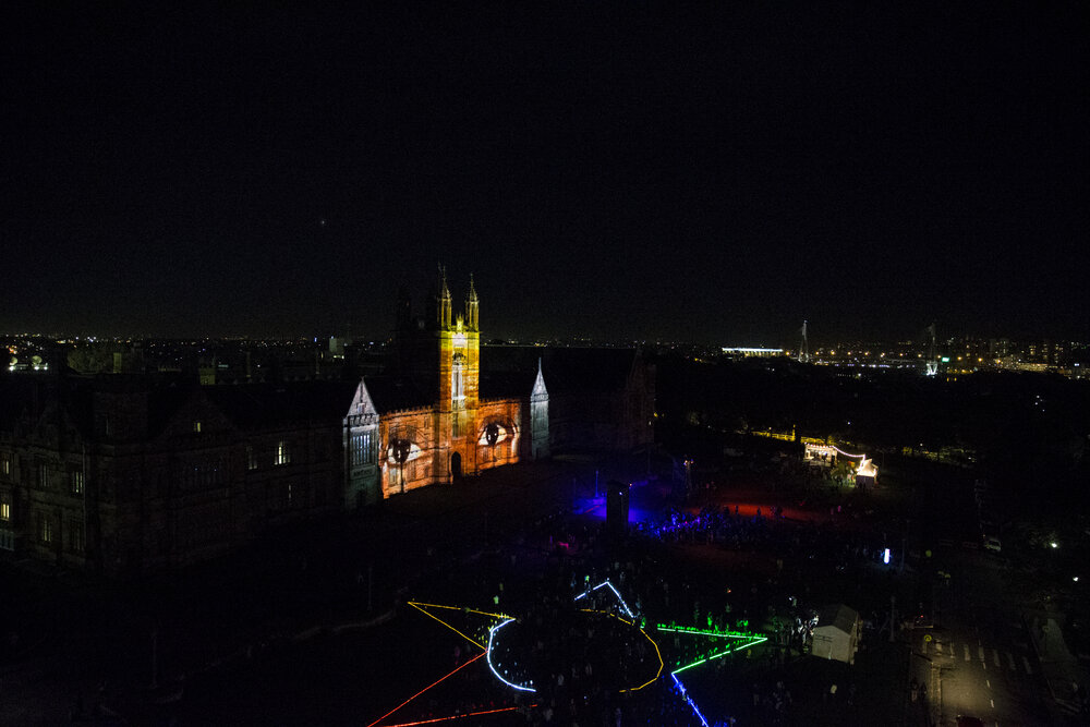 Aerial View of Quadrangle and Front Lawn During Vivid Path to the Future Festival