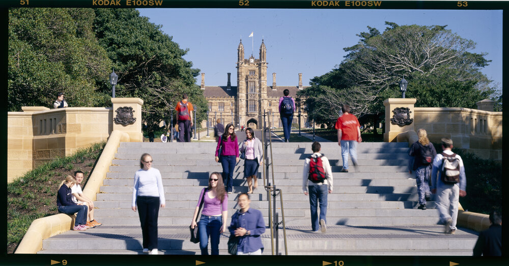 Students on New Stairs to Victoria Park, Clock Tower in Background