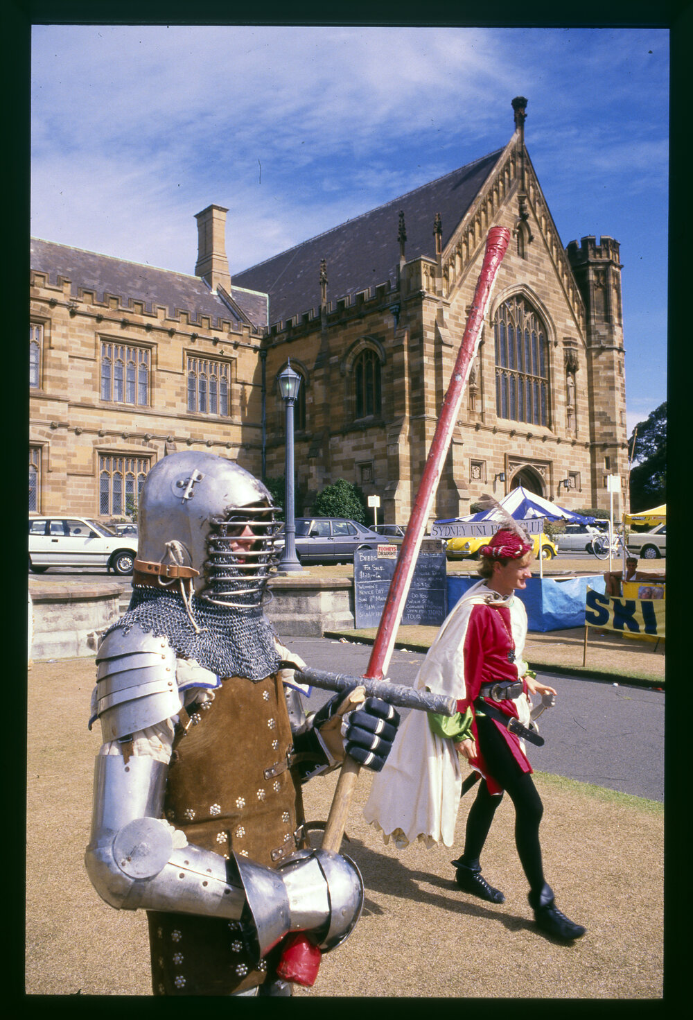 Two Students in Medieval Armour on Front Lawn During Orientation Week 1987