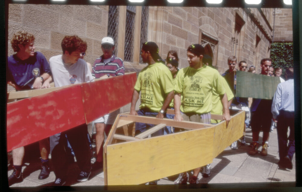 Student Footrace in Pretend Boats in Quadrangle During Orientation Week 1997