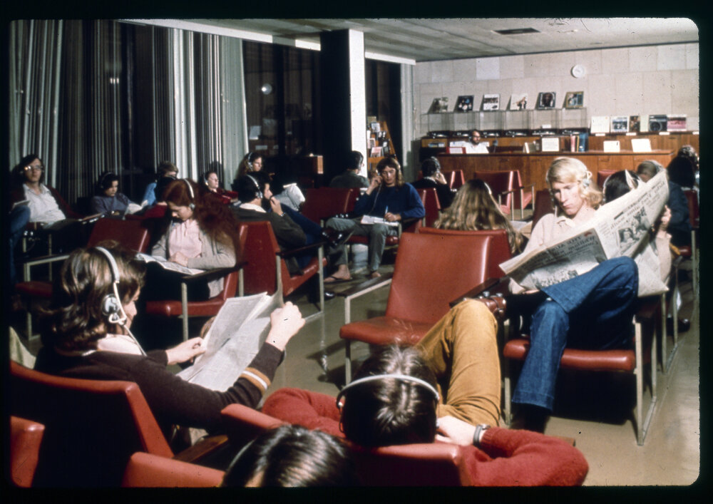 Students in Music Listening Area of Fisher Library