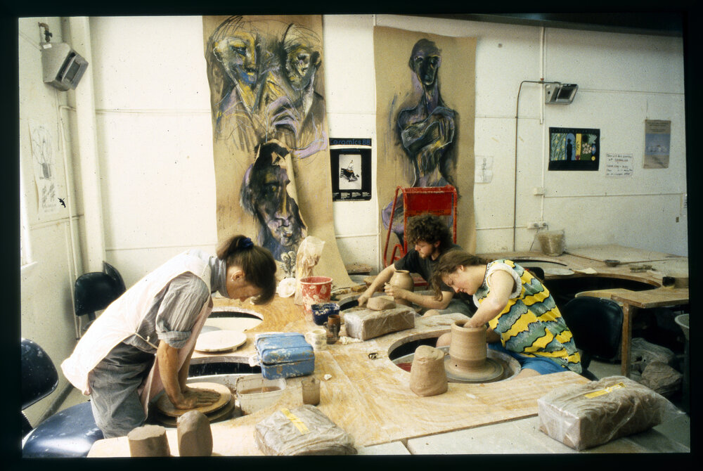 Sydney College of the Arts Students Using Pottery Wheels in Ceramics Workshop