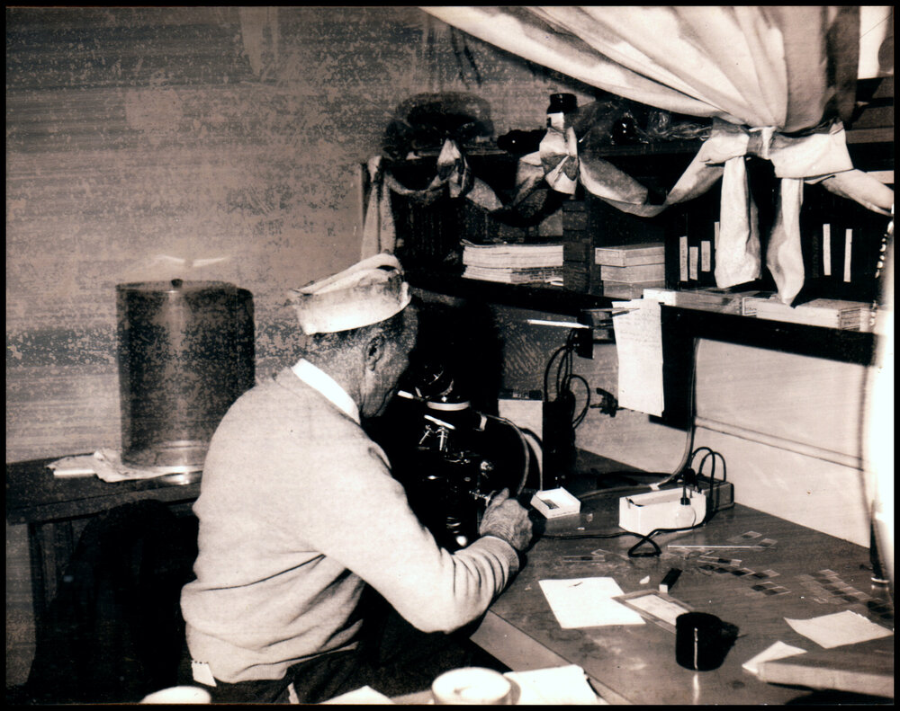 Professor Spencer (Spinny) Smith-White Looking Into a Microscope