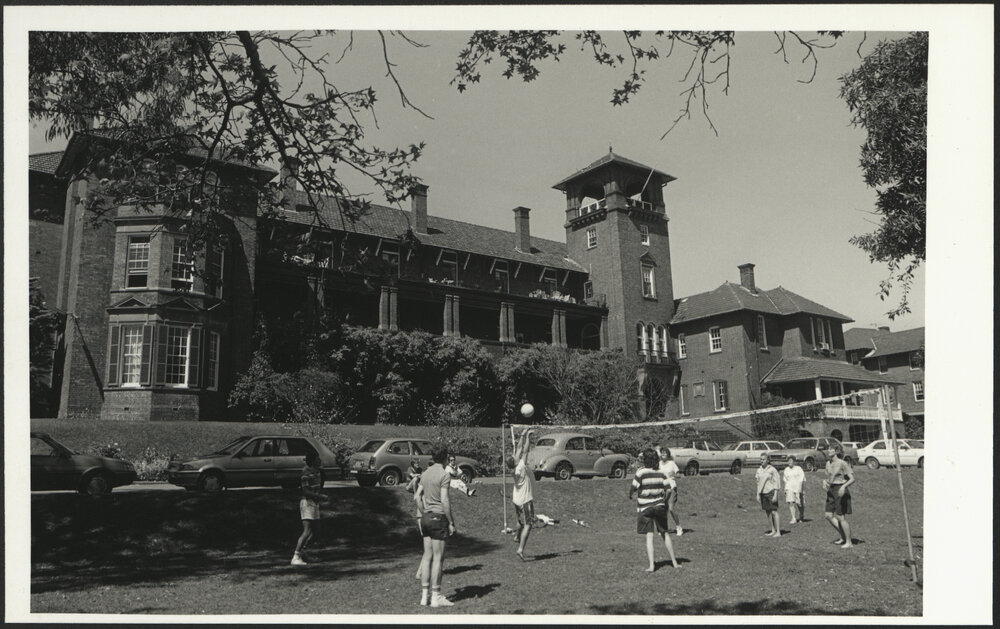 Students Enjoying a Ball Game in Front of Women's College