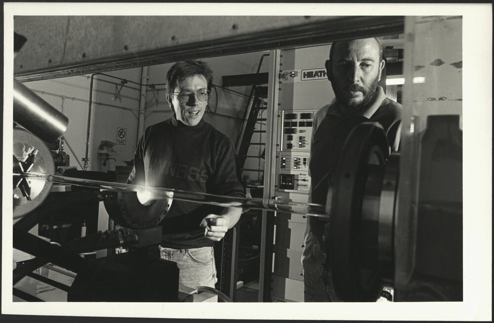 First Fibres for Optical Fibre Technology Centre (OFTC), Mr Ron Bailey (l) and colleague (?)