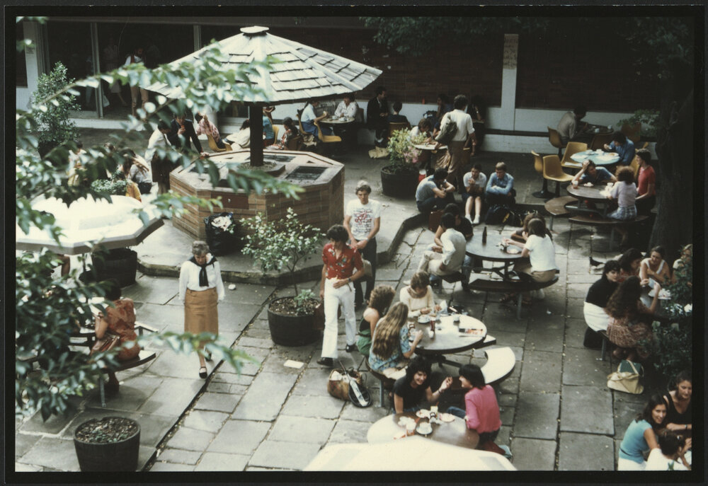 Staff and Students at Lunch Outdoors at Holme Building Garden, the 'Bevery' Courtyard