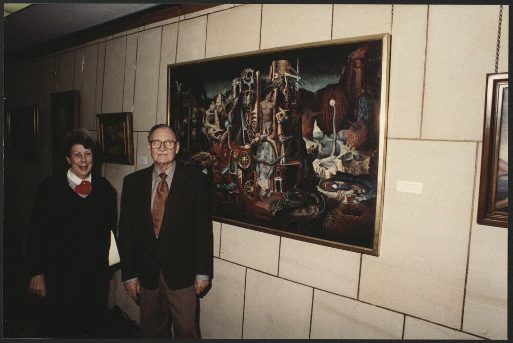 Artist James Gleeson with Pamela Bell, Curator Viewing His Works in the Library
