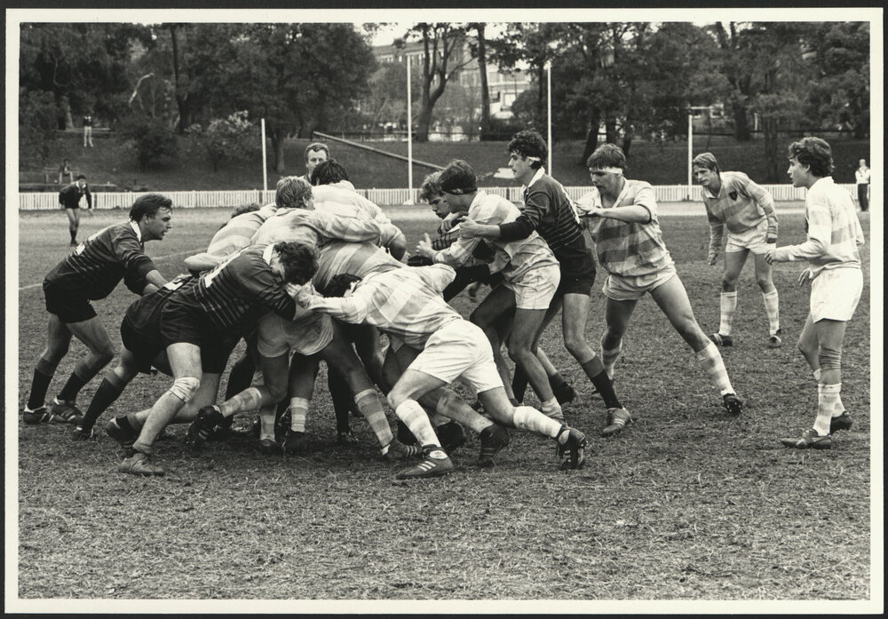 Players in a Scrum at Intercollegiate Football St Paul's vs St John's