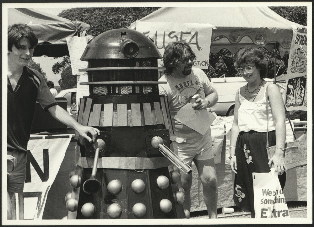 Orientation Week 1982 Dr Who Club Two Students Showing Off the Dalek