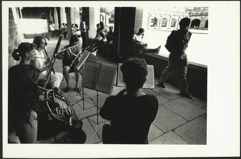 Student Wind Quintet Playing in Quad Cloisters for Welcome to New Students