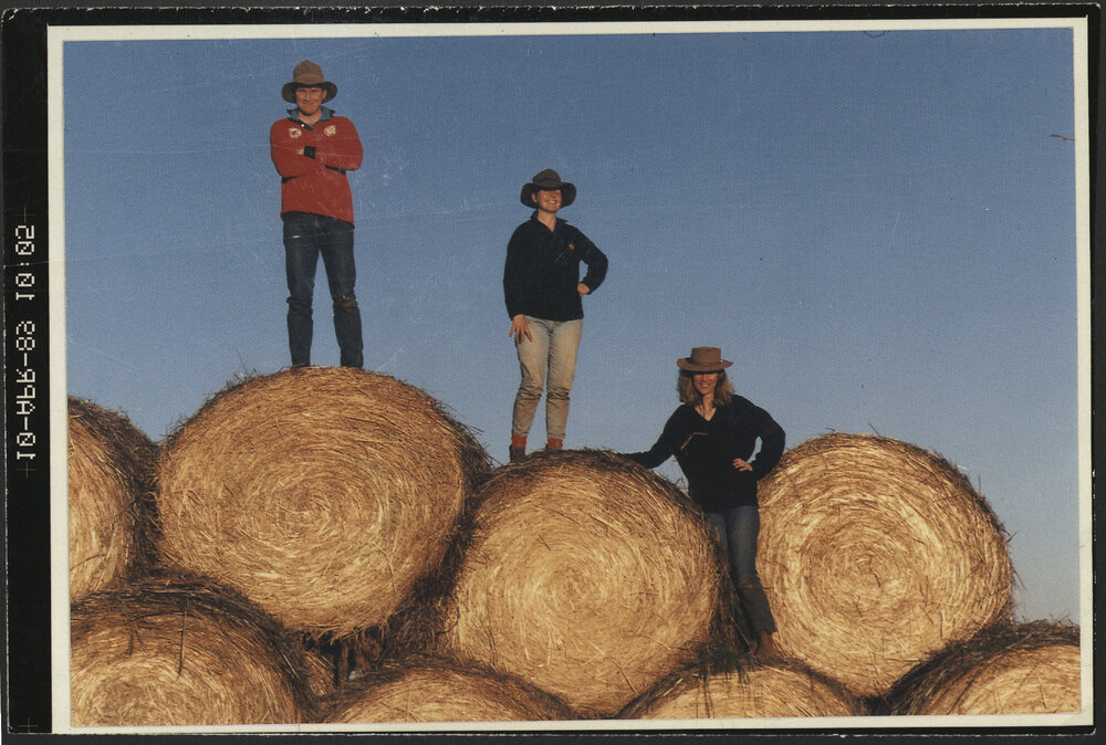 School of Crop Sciences Students Paul Minogue, Mary Goodacre and Diane Munnich Standing on Hay Bales