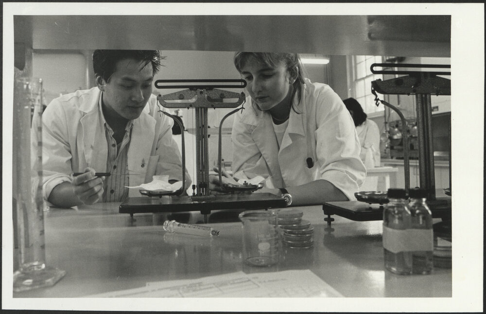 Students in Laboratory with Beam Balance