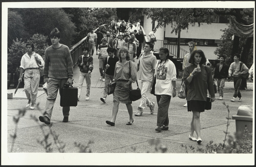 Students on the Keith Murray Footbridge over City Road