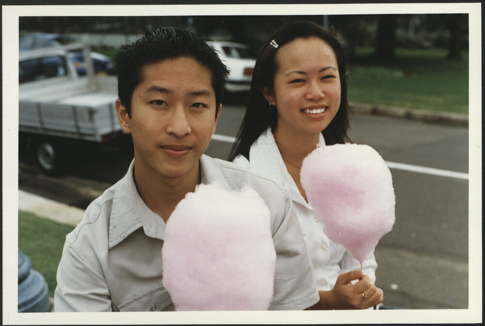 Two Students with Pink Fairy Floss During Orientation/O-Week 1999
