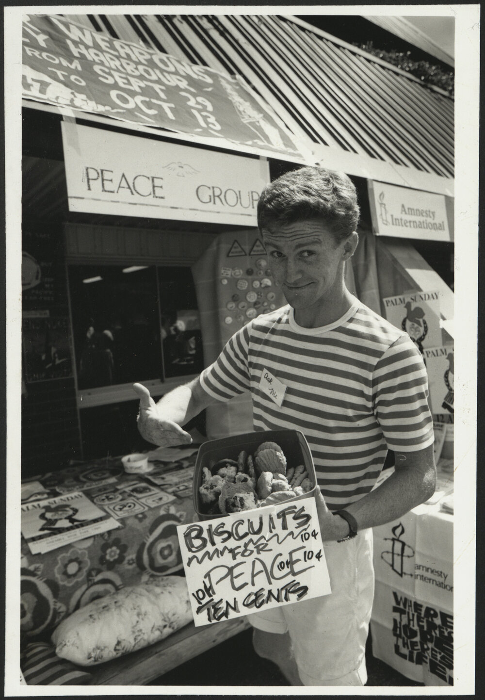 A Peace Group Student Selling "Biscuits for Peace" at Orientation Week