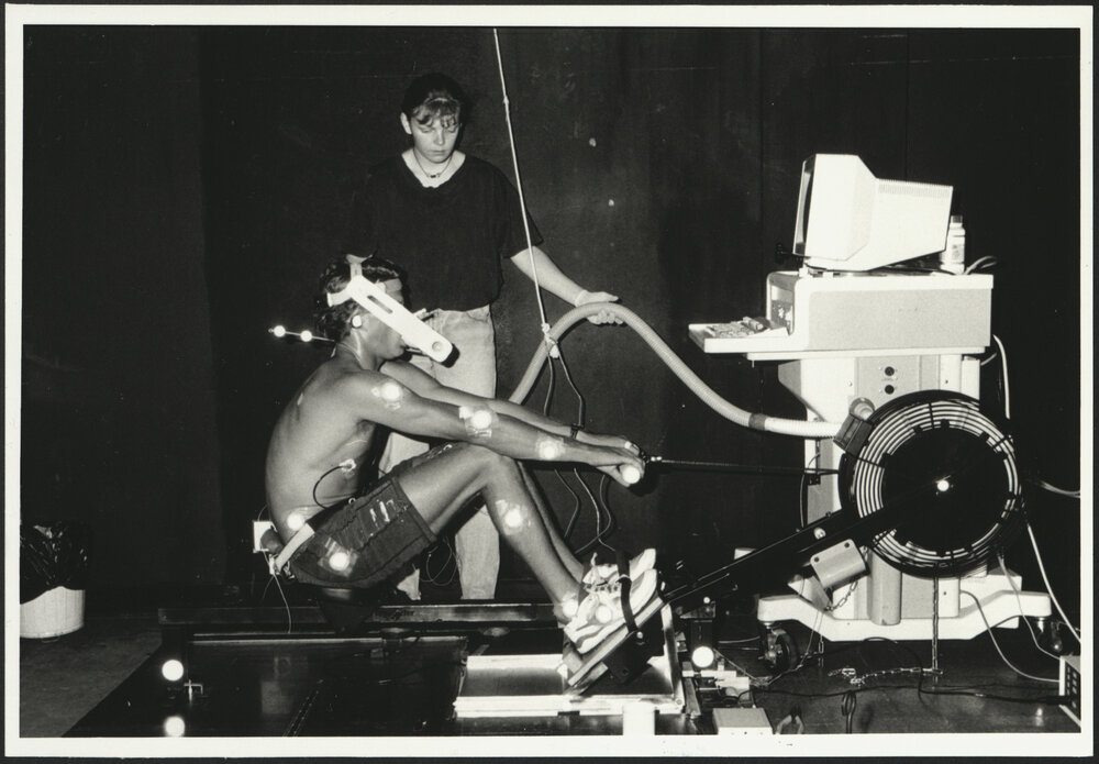 Faculty of Health Sciences - Physiology Exercise: a Student is Monitored While on a Rowing Machine