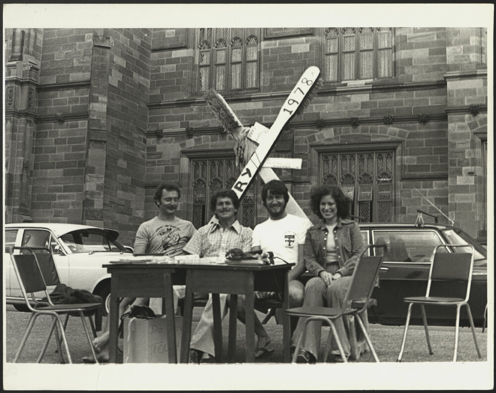 Dentistry Society Students in Front of Two Giant Tooth Brushes at Orientation Week 1978