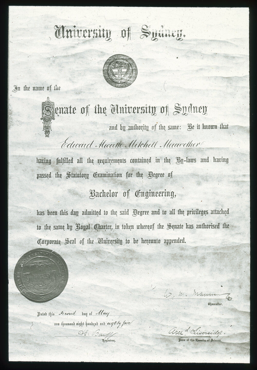 Testamur of Edward Althorp Mitchell Merewether