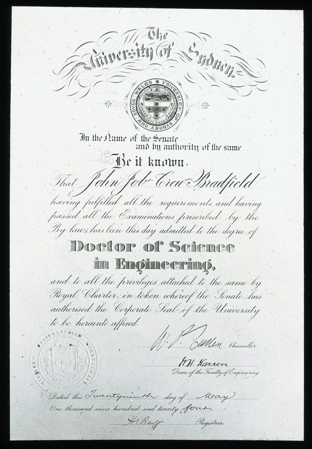 Testamur of John Job Crew Bradfield