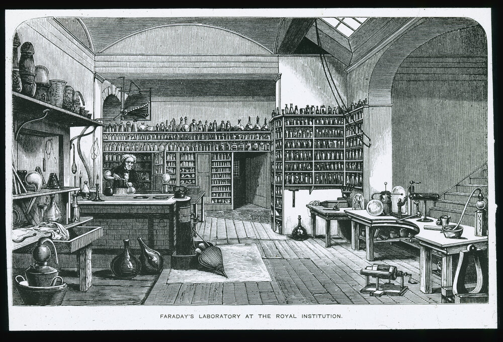 Drawing of Faraday's Laboratory at the Royal Institution
