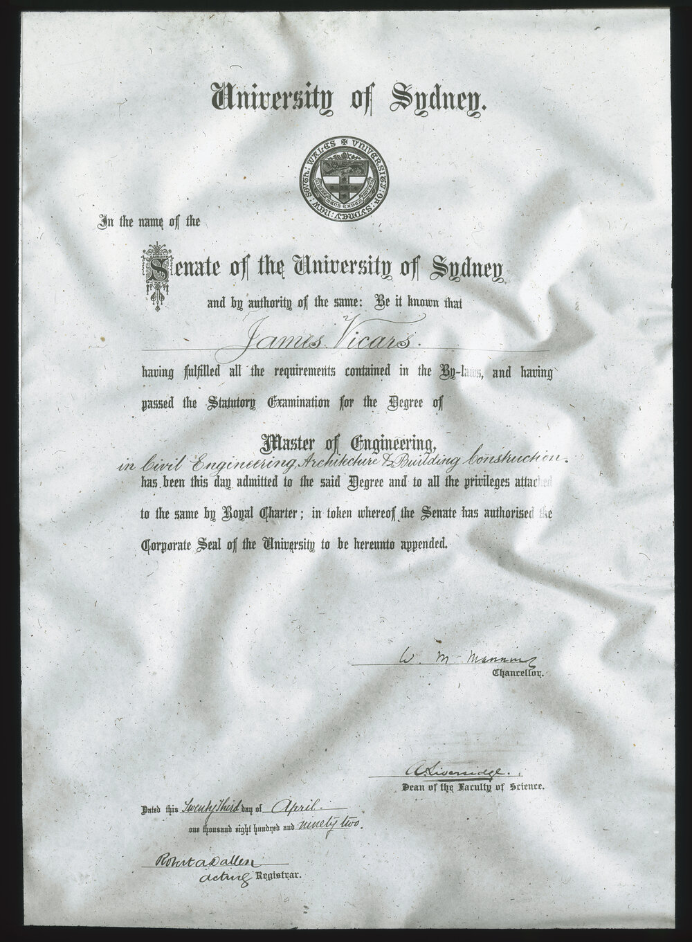 Testamur of James Vicars