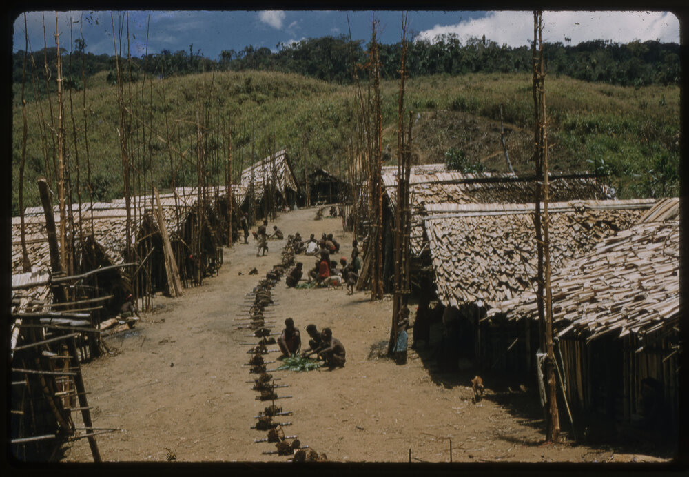 Group Distributing Food in Front of Buildings and Food Poles