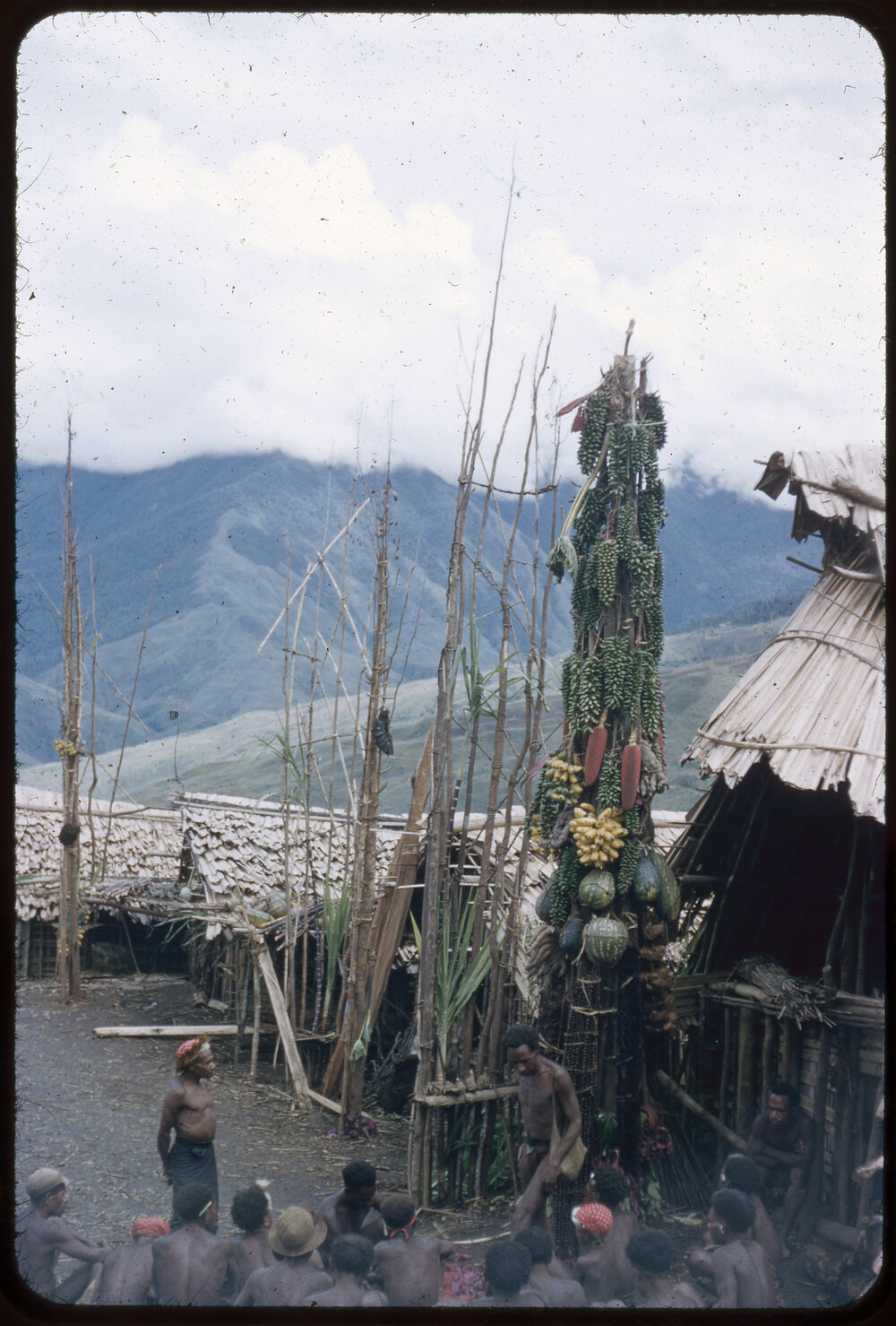Group Sitting at Base of a Food Pole