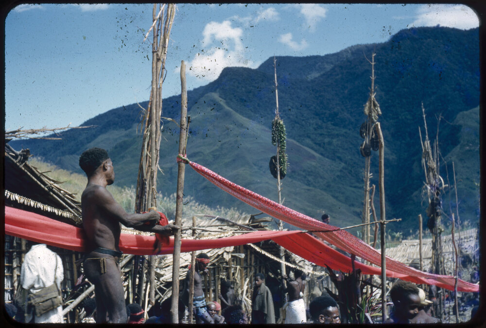 Men Suspending Cloth Through a Village