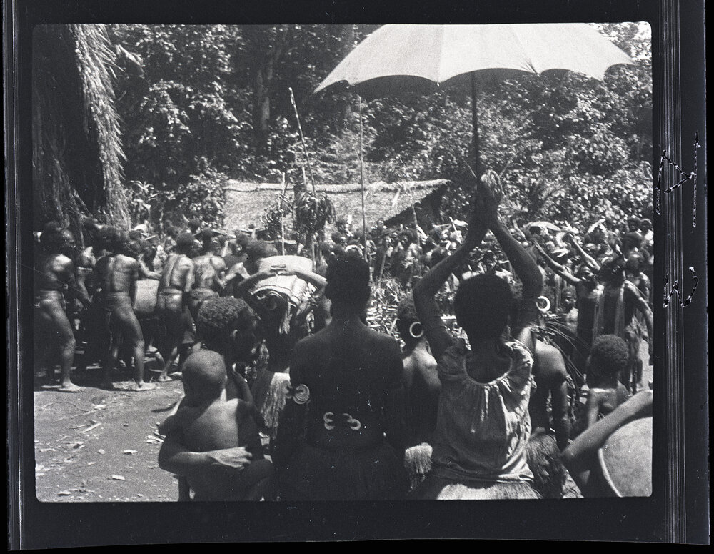 [Manum Island, New Guinea] The Removal of one of the Big "Bags&rdquo; of Taro by the Visitors