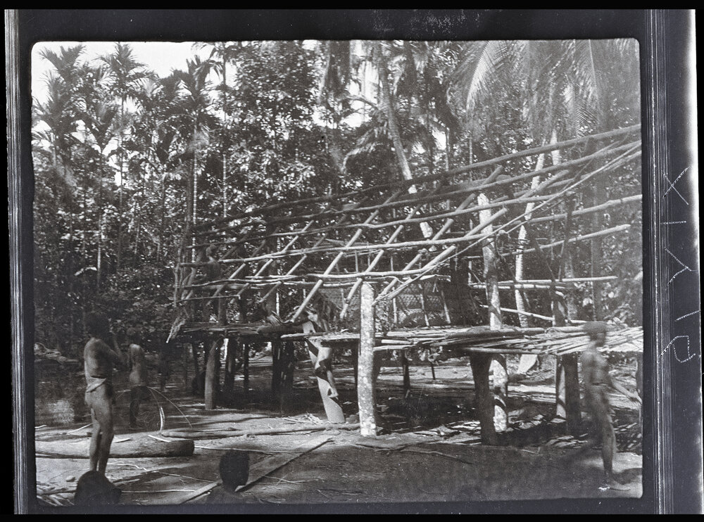 [Manum Island, New Guinea] The Skeleton of the Roof. Note the Ladder in an Unusual Place at the Side of the House