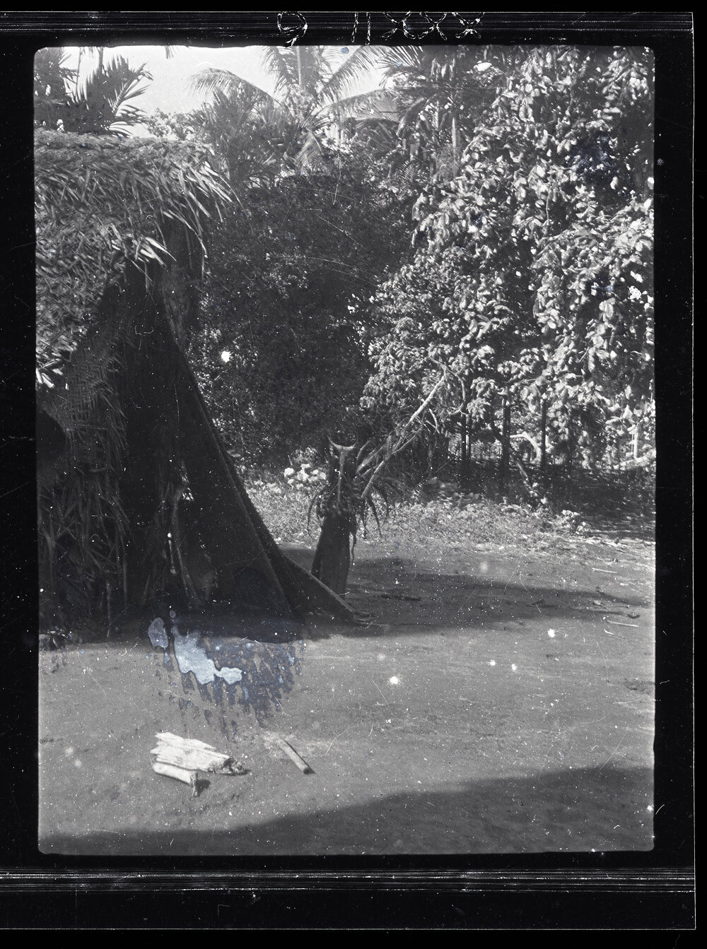 [Manum Island, New Guinea] The Front of Ararua&rsquo;s Hut Showing the Post on Which are Hung his Loincloth and Some Areca Nut