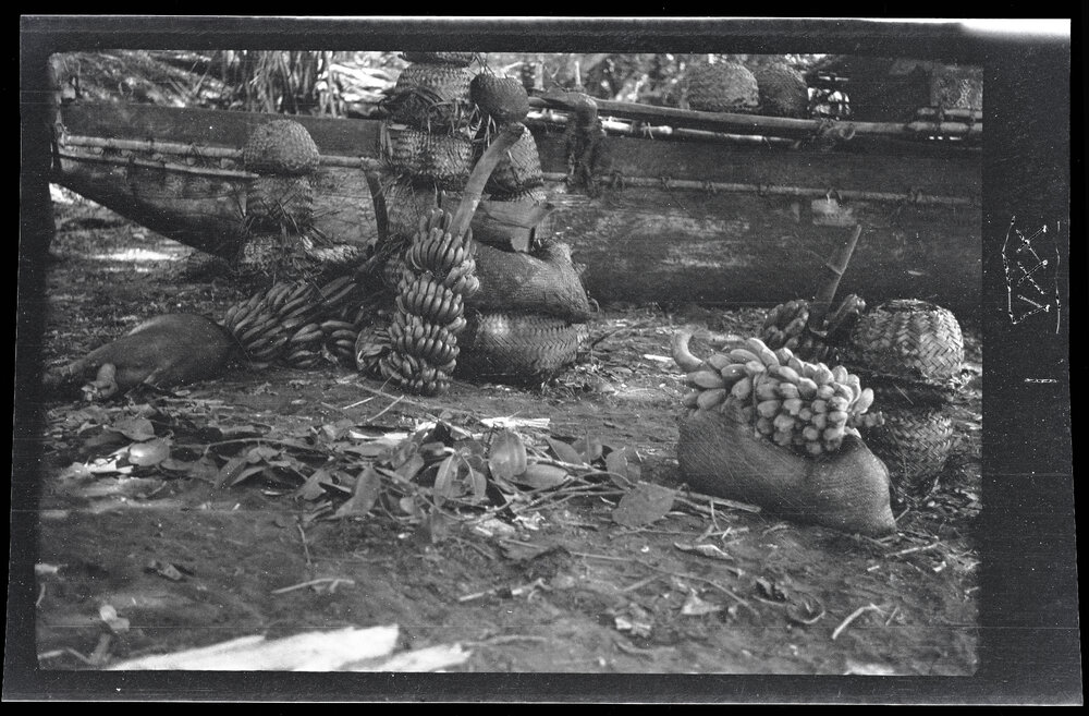 [Manum Island, New Guinea] Food Piled up on the Beach at Waia Beside the Bodaboda Canoe