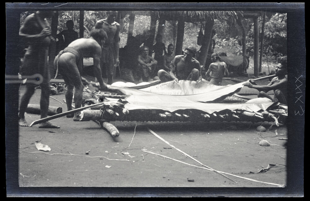 [Manum Island, New Guinea] Laying Down a Wild Banana Leaf into which the tapa&rsquo;a is to be Packed