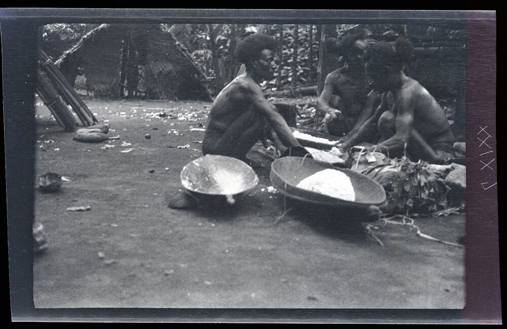 [Manum Island, New Guinea] Yabu and Two Others Mixing the Sago and Grated Coconut