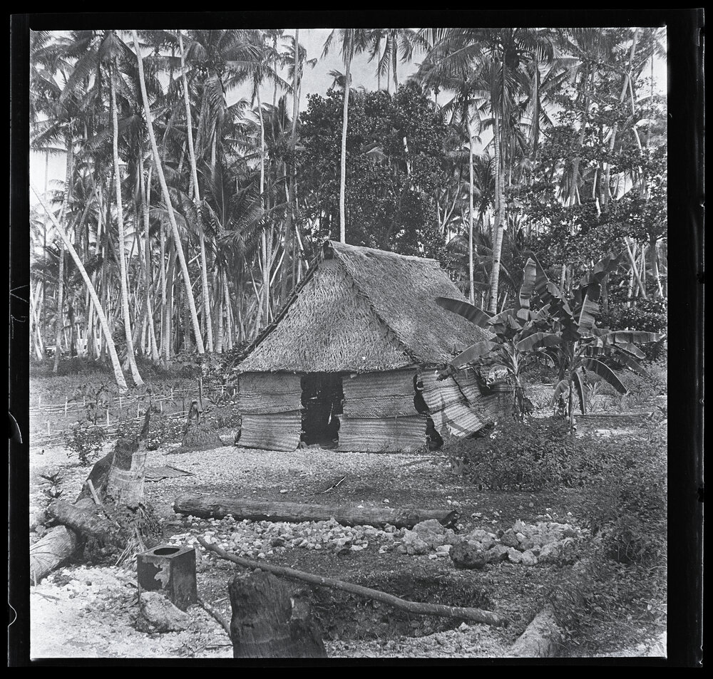 [Narau] An Old Style Hut in Buoda Showing Beginnings of a Garden with Bananas and Pawpaws