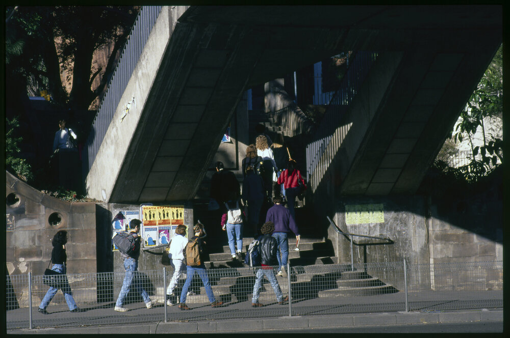 Students at the Parramatta Road Footbridge
