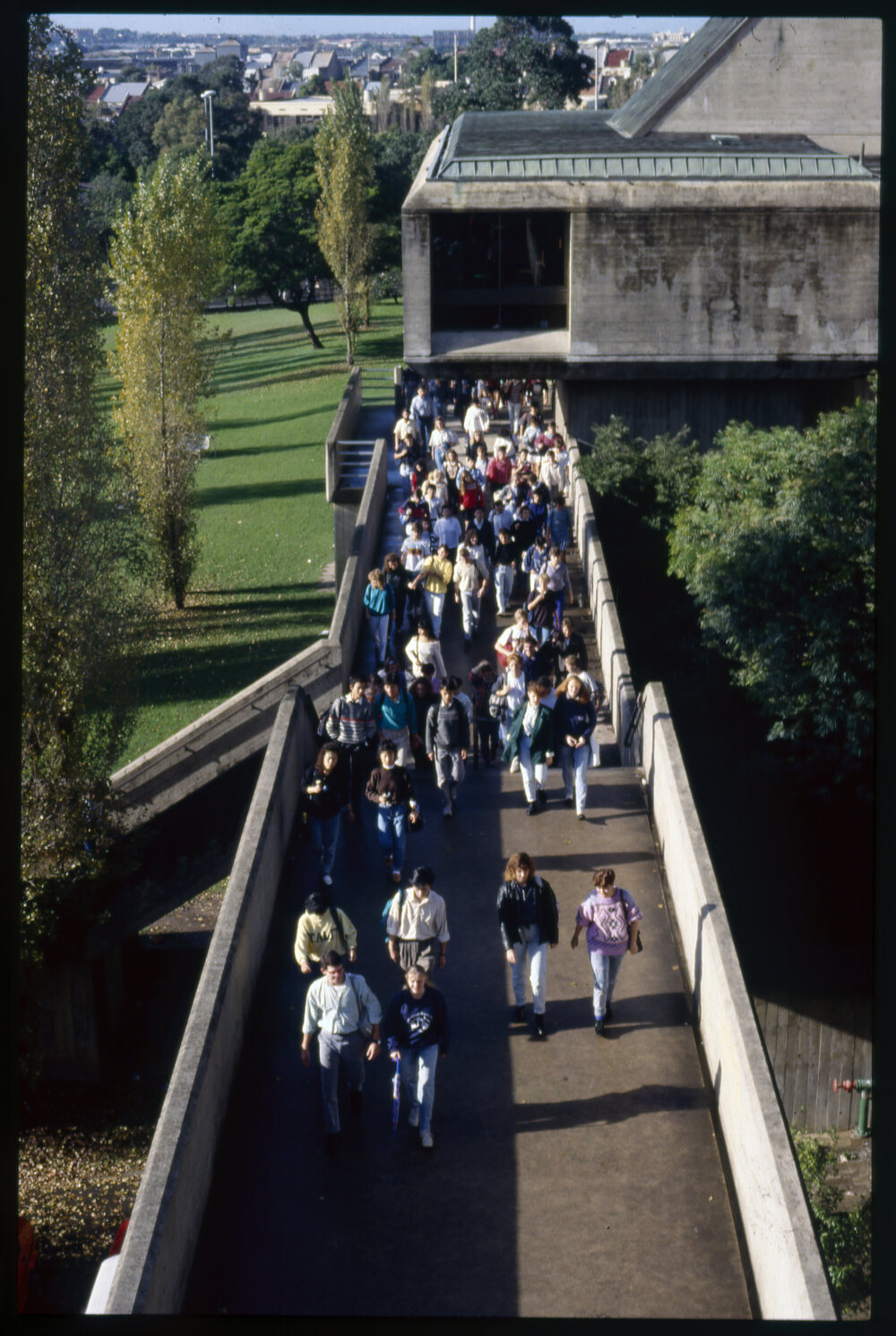 Students on Maze Crescent Footbridge