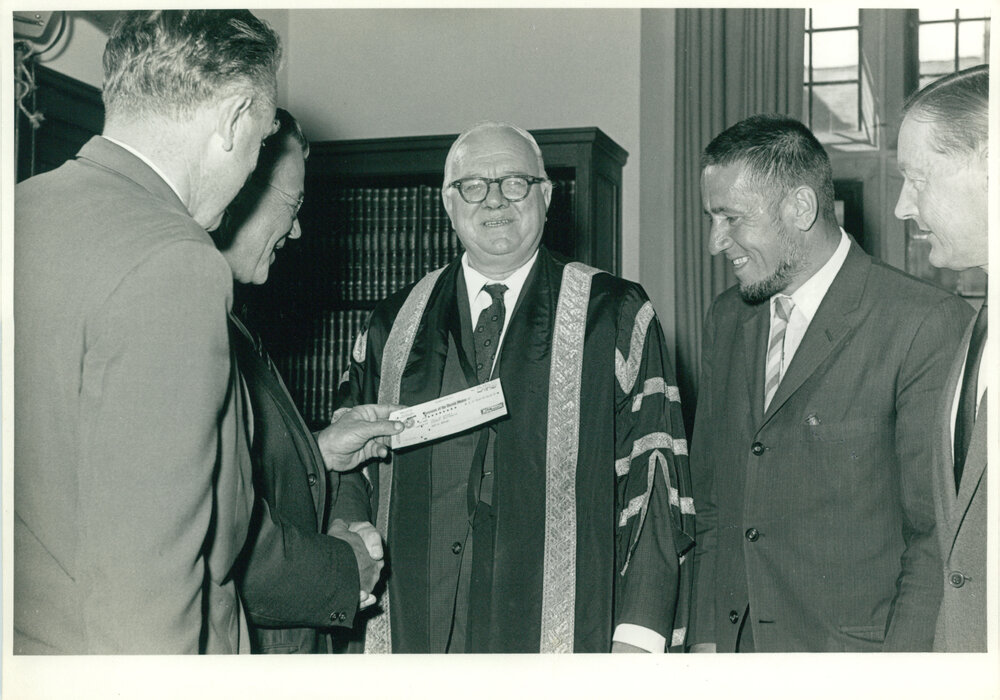 Presentation of Cheque by the US Consul-General, Mr Laurence C Vass to Assist in the Construction of Mills Cross Radio Telescope