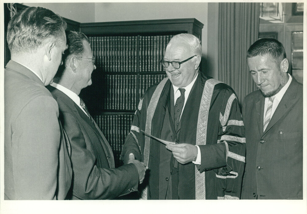 Presentation of Cheque by the US Consul-General, Mr Laurence C Vass to Assist in the Construction of Mills Cross Radio Telescope