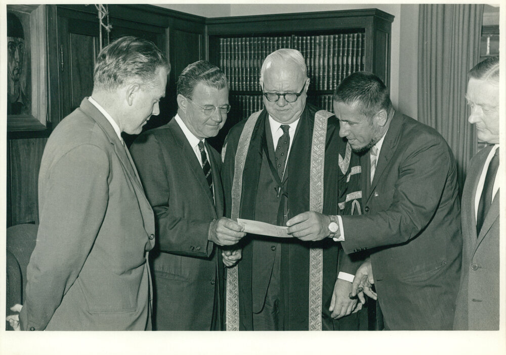 Presentation of Cheque by the US Consul-General, Mr Laurence C Vass to Assist in the Construction of Mills Cross Radio Telescope